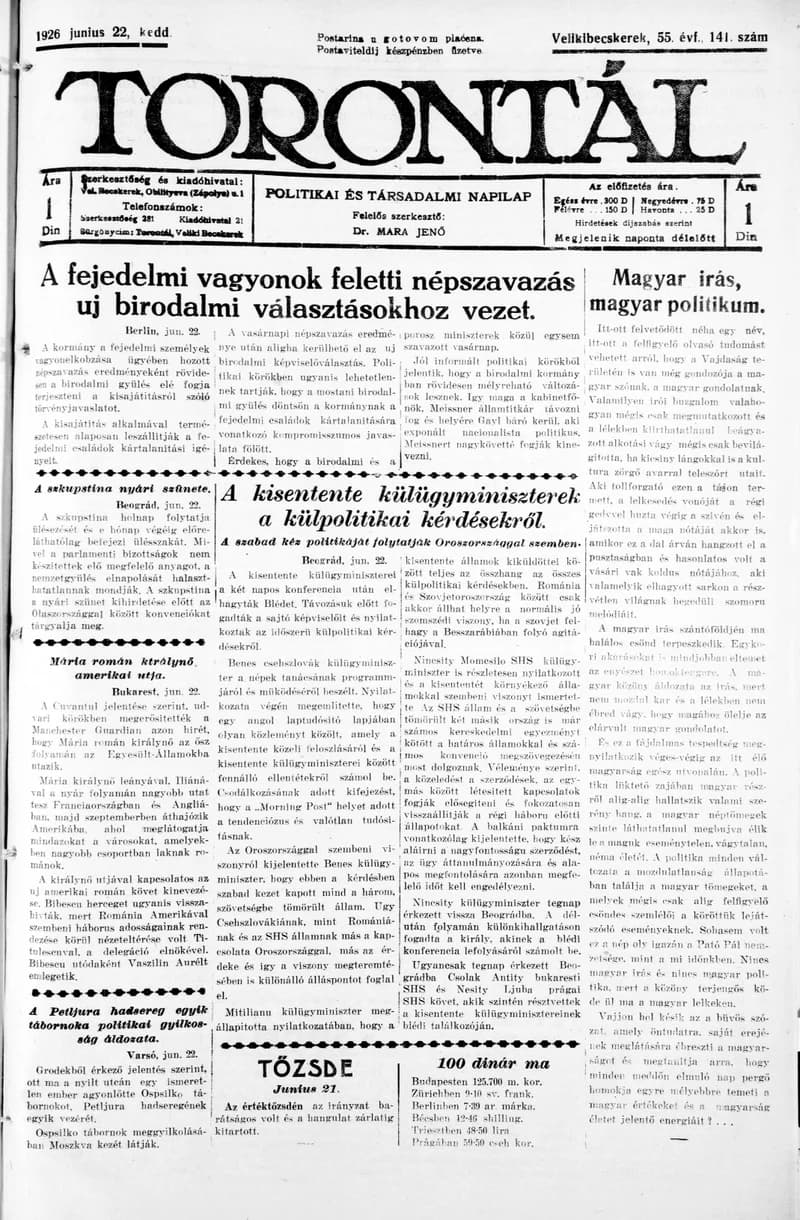 Torontál, 55. évf. 1926. június 22. 141. sz.