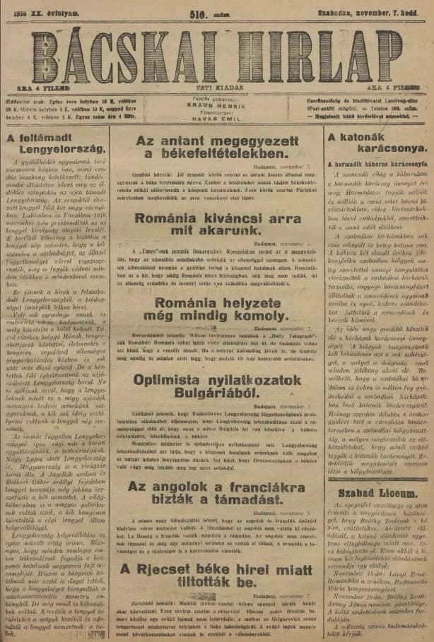 Bácskai Hirlap, 20. évf. 1916. november 7. 510. sz.