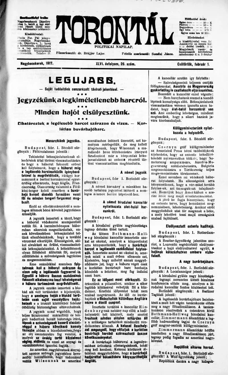 Torontál, 46. évf. 1917. február 1. 26. sz.