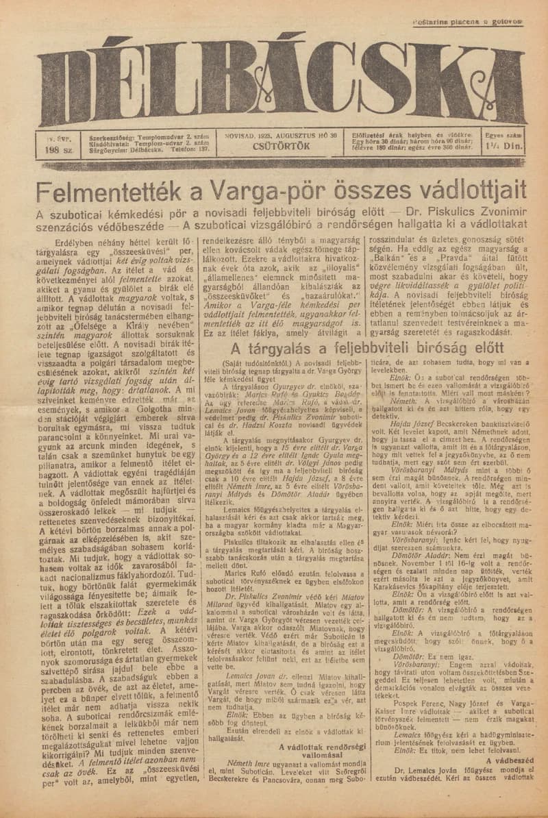 Délbácska, 4. évf. 1923. augusztus 30. 198. sz.