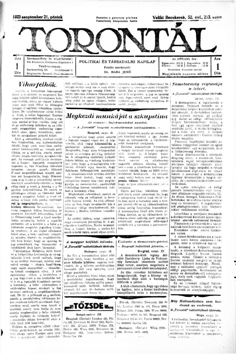 Torontál, 52. évf. 1923. szeptember 21. 213. sz.