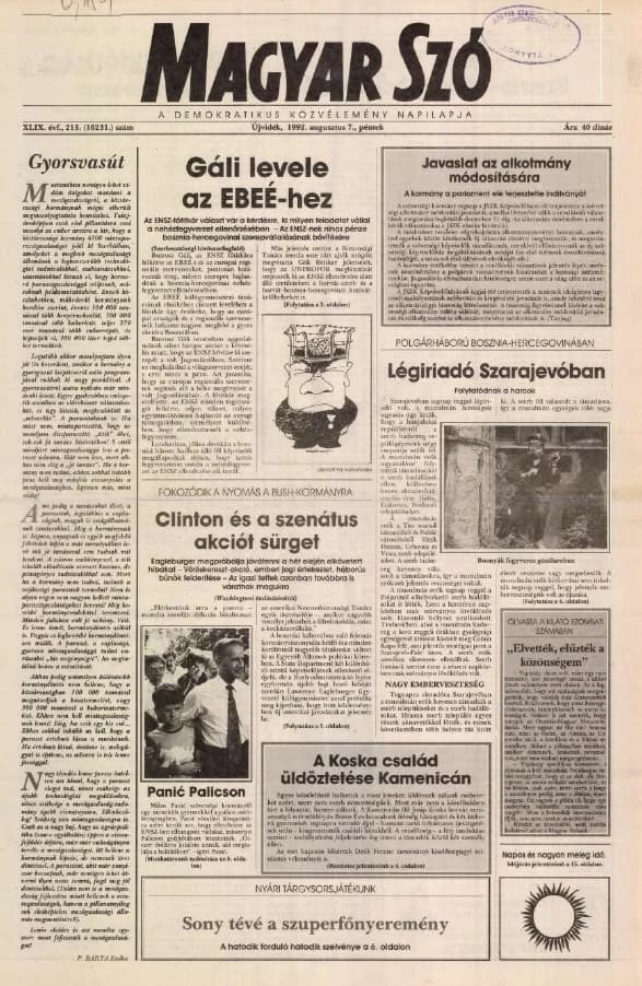 Magyar Szó, 49. évf. 1992. augusztus 7. 215. sz. 1–16. oldal