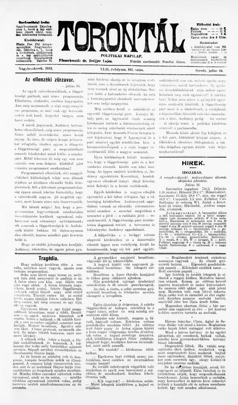 Torontál, 42. évf. 1913. július 16. 162. sz.