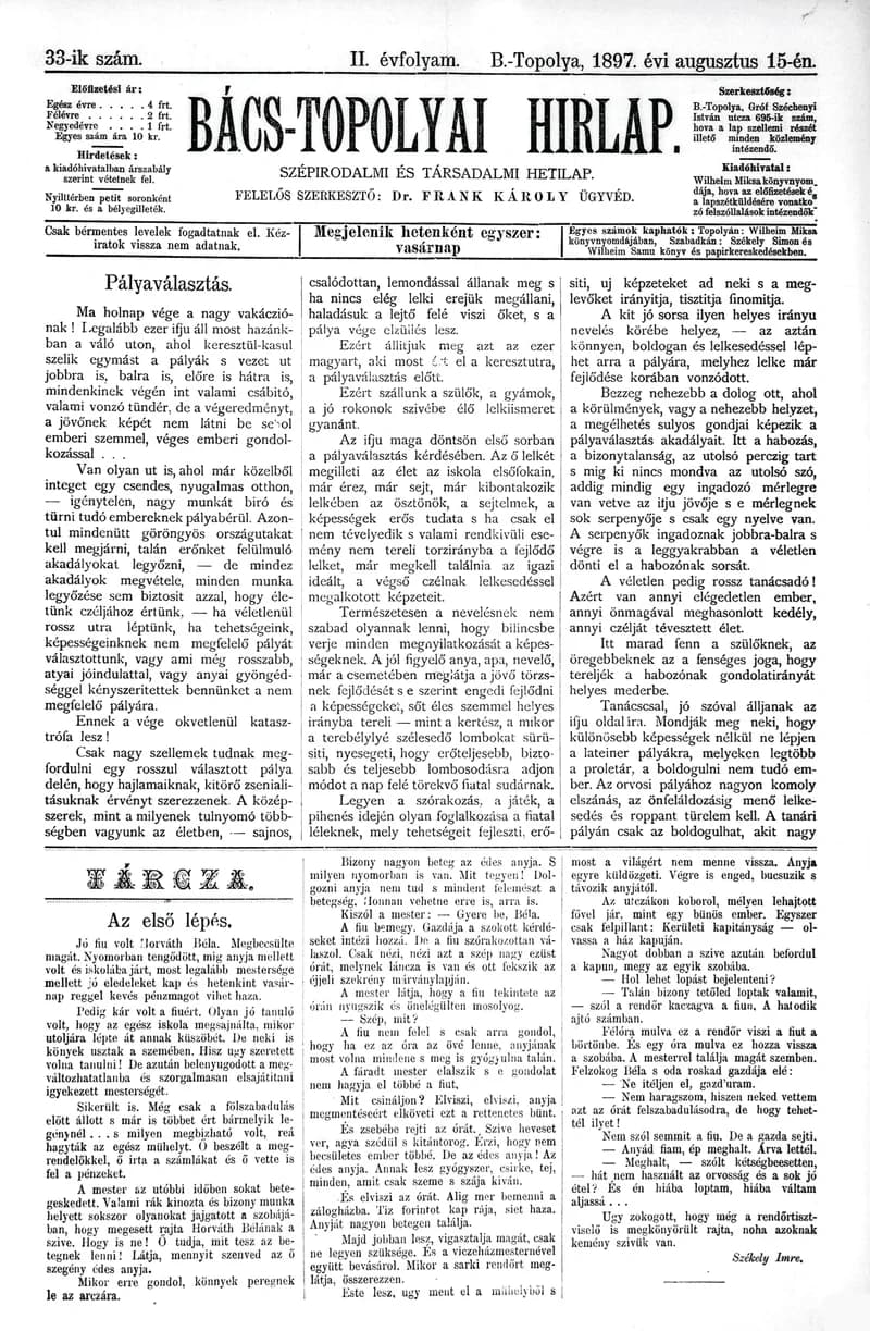Bács-Topolyai Hirlap, 2. évf. 1897. augusztus 15. 33. sz.