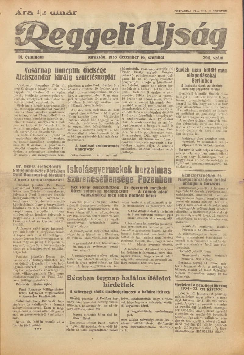 Reggeli Újság, 14. évf. 1933. december 16. 294. sz.