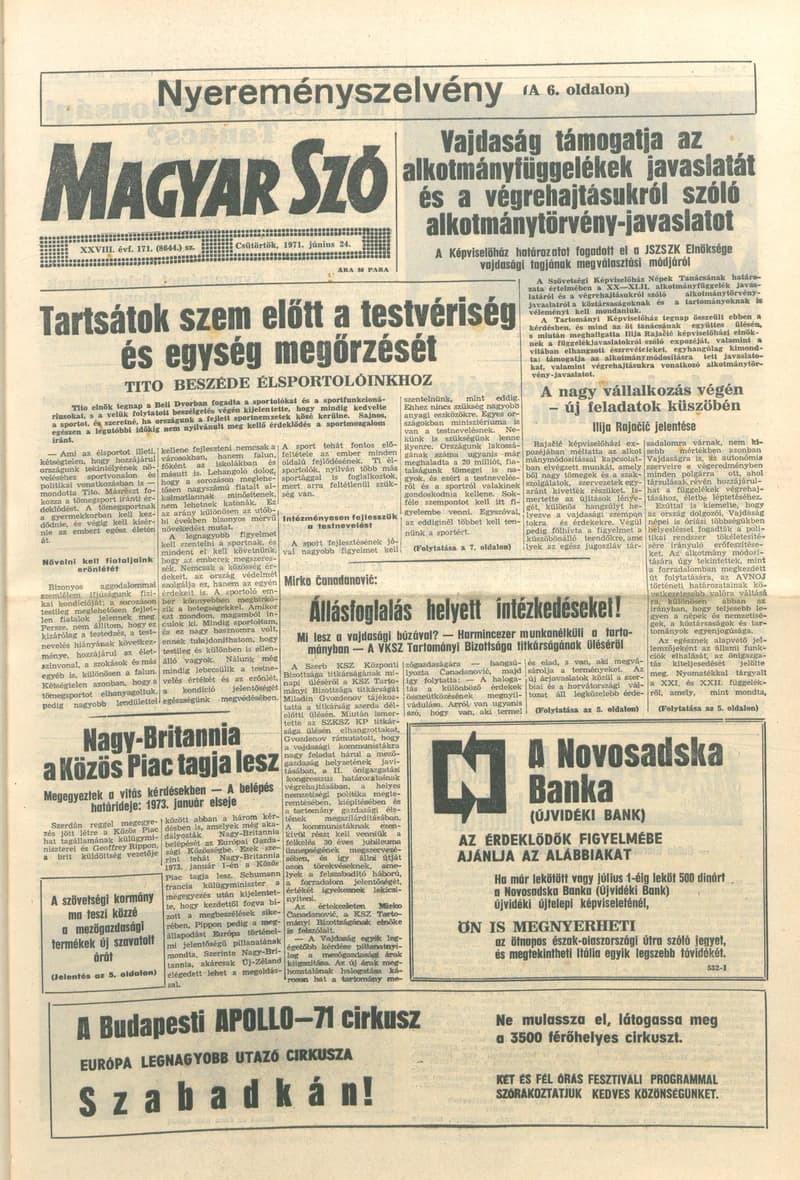 Magyar Szó, 28. évf. 1971. június 24. 171. sz. 1–16. oldal