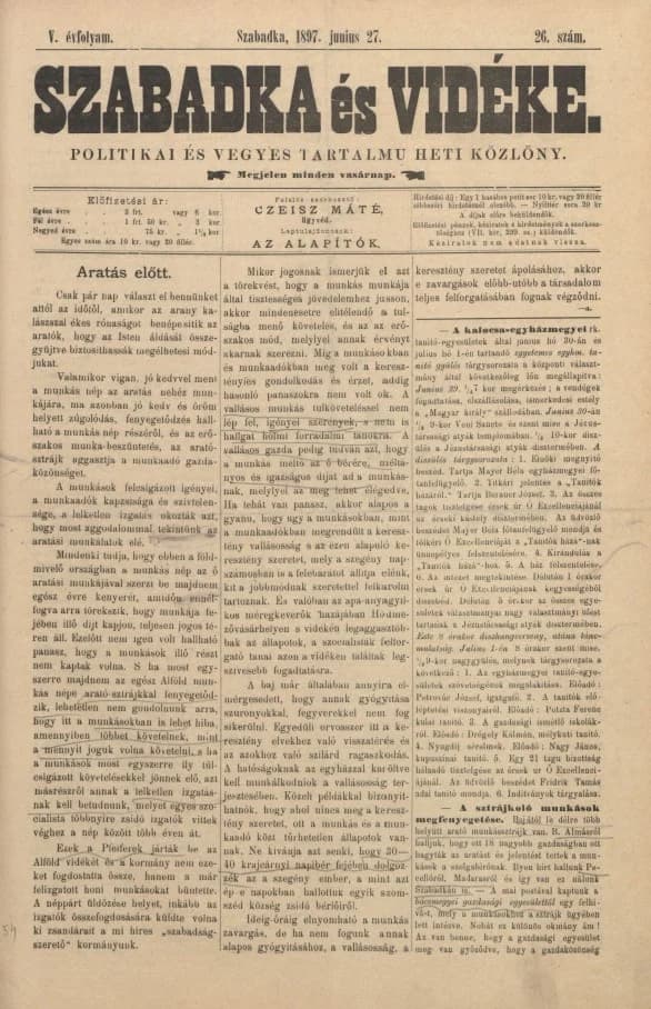 Szabadka és vidéke II, 5. évf. 1897. június 27. 26. sz.