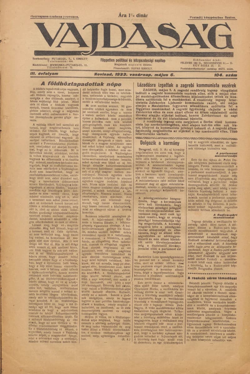 Vajdaság, 3. évf. 1923. május 6. 104. sz.