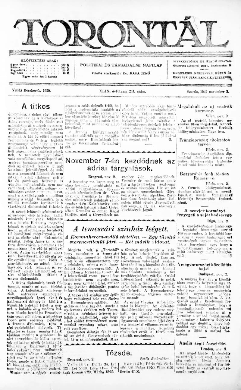 Torontál, 49. évf. 1920. november 3. 244. sz.