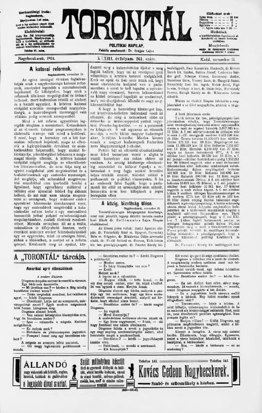 Torontál, 33. évf. 1904. november 15. 261. sz.