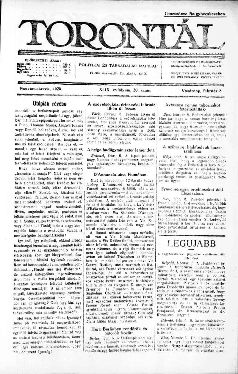 Torontál, 49. évf. 1920. február 8. 30. sz.