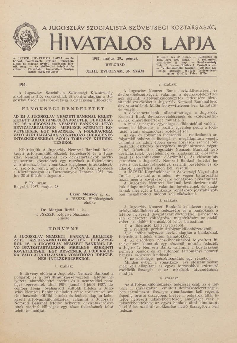 A Jugoszláv Szocialista Szövetségi Köztársaság Hivatalos Lapja, 43. évf. 1987. május 29. 36. sz. 905–908. oldal