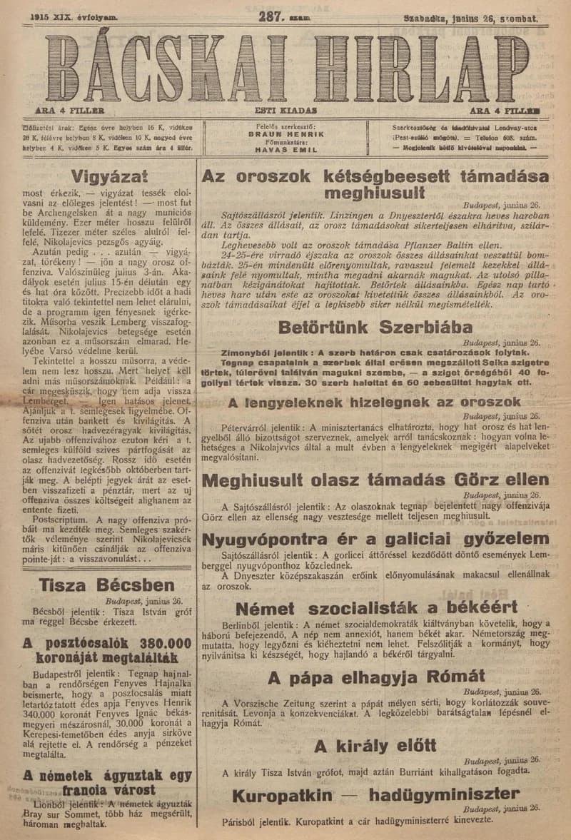 Bácskai Hirlap, 19. évf. 1915. június 26. 287. sz.