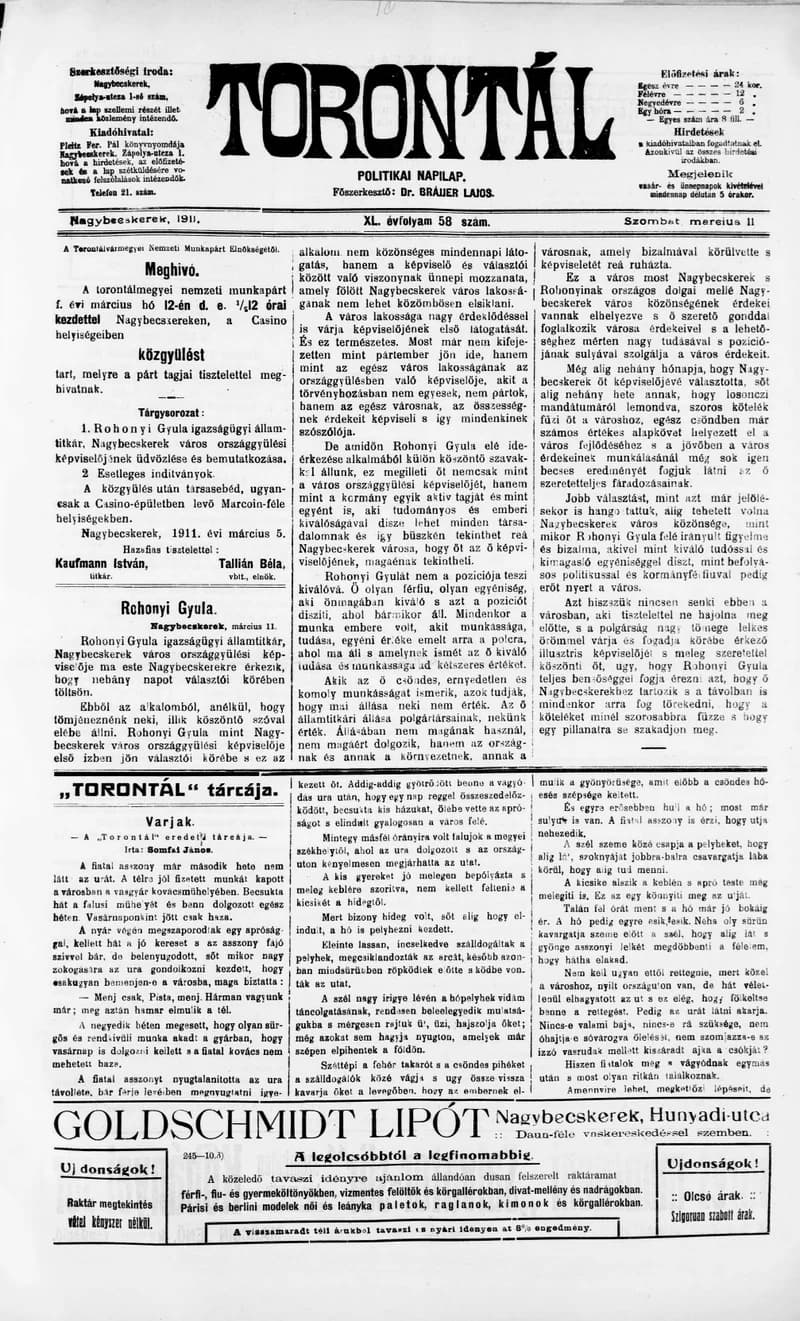 Torontál, 40. évf. 1911. március 11. 58. sz.