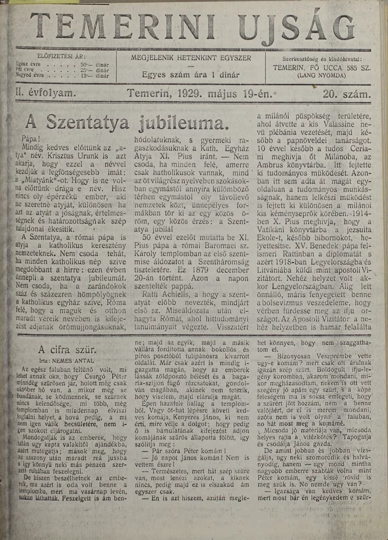 Temerini Újság 1928-1944, 2. évf. 1929. május 19. 20. sz.