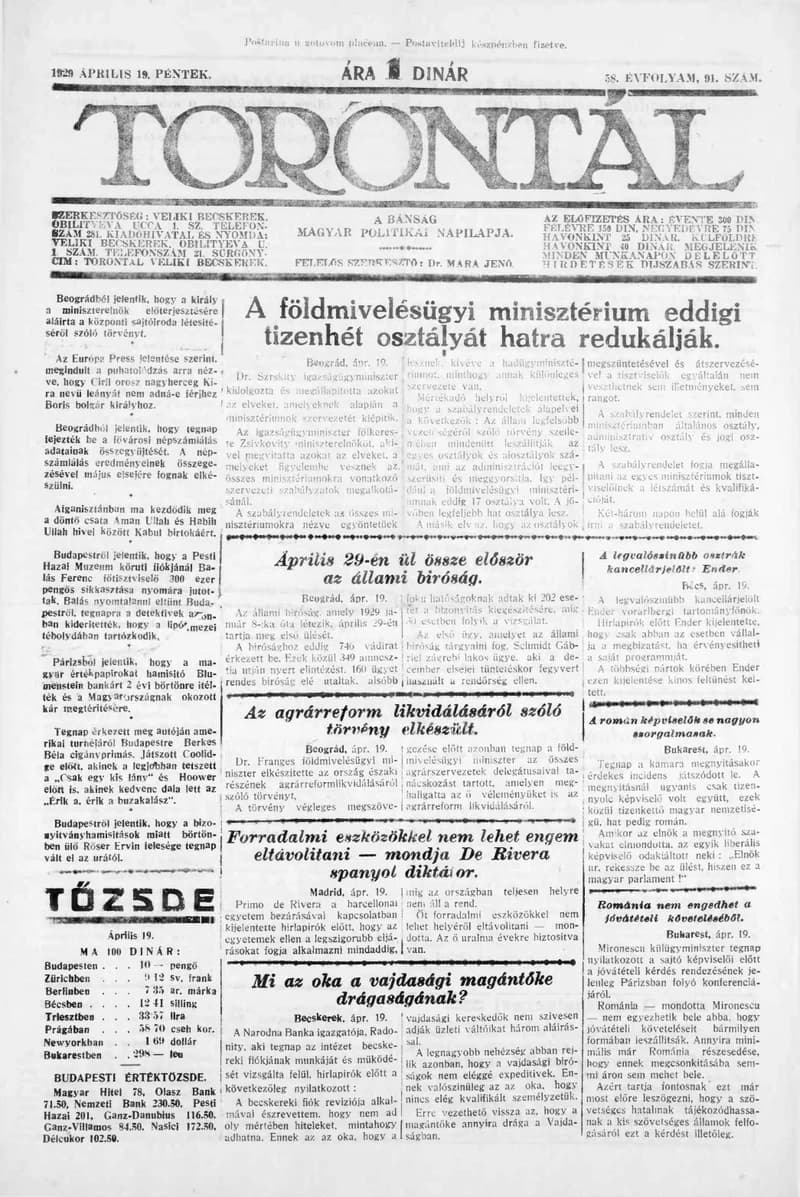 Torontál, 58. évf. 1929. április 19. 91. sz.