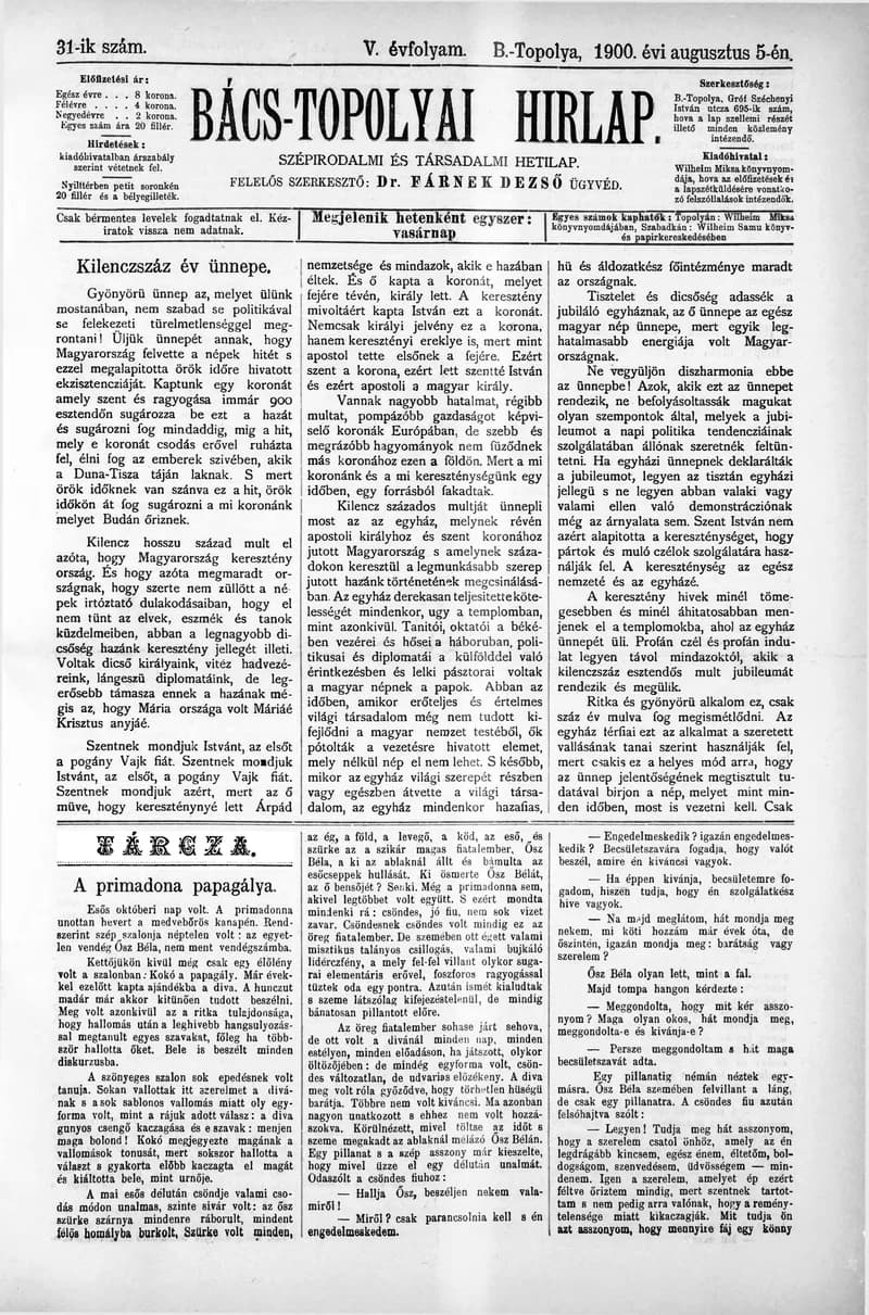 Bács-Topolyai Hirlap, 5. évf. 1900. augusztus 5. 31. sz.