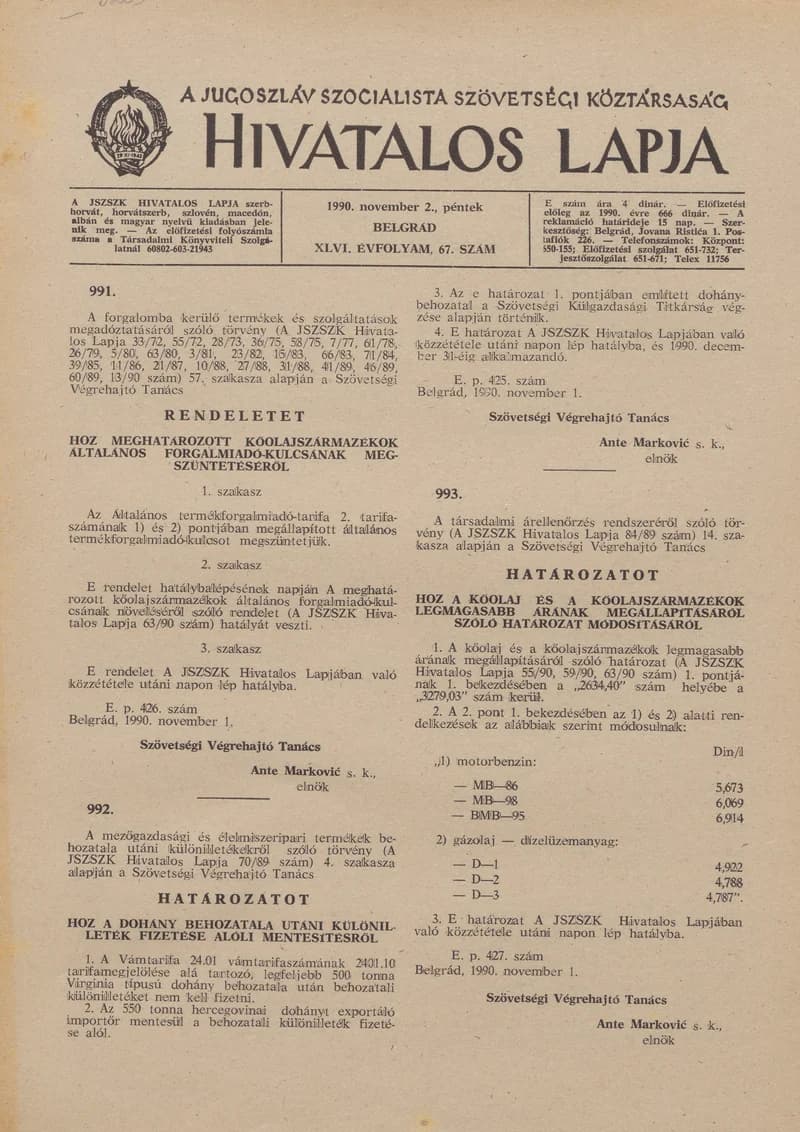 A Jugoszláv Szocialista Szövetségi Köztársaság Hivatalos Lapja, 46. évf. 1990. november 2. 67. sz. 2017–2020. oldal