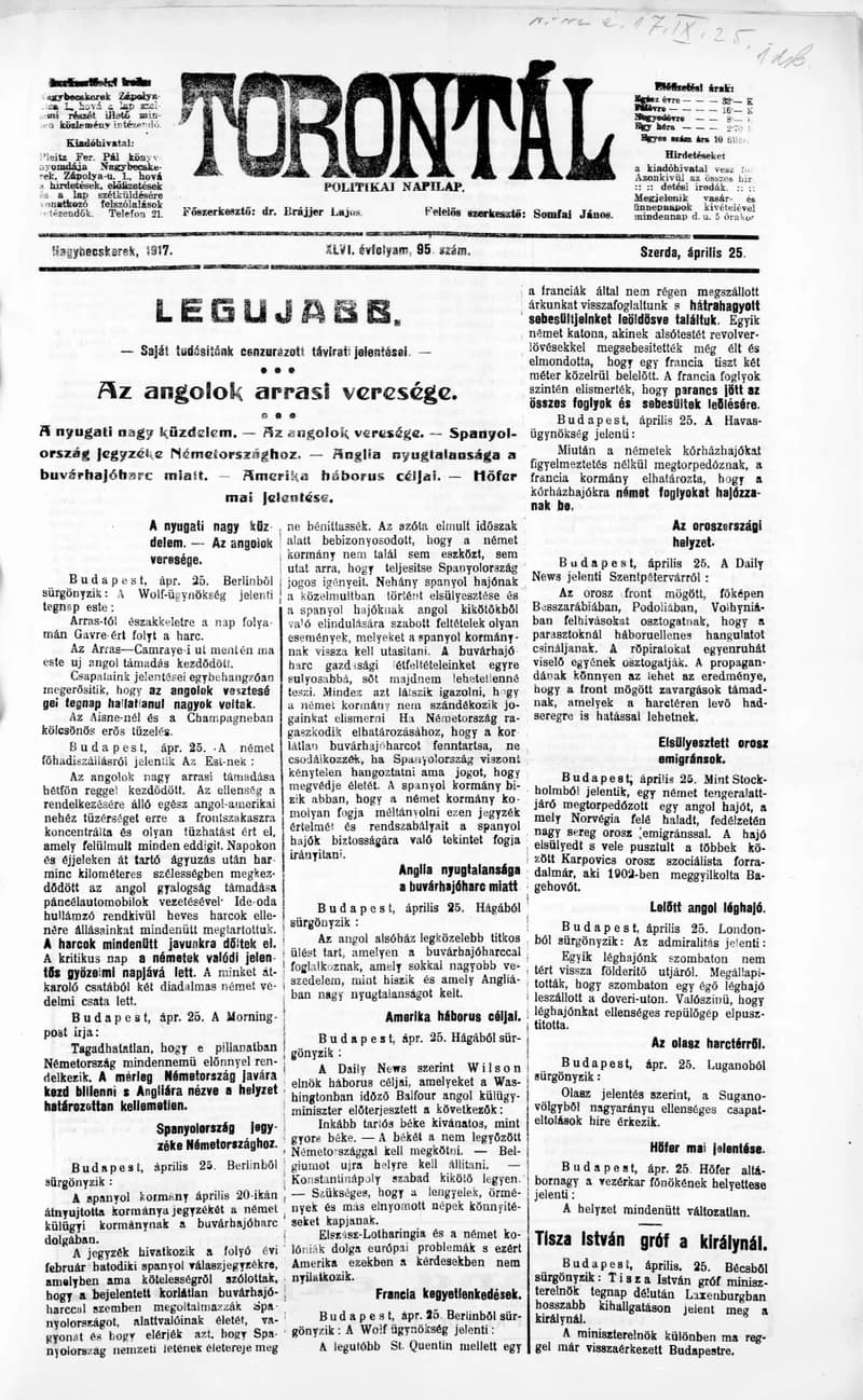 Torontál, 46. évf. 1917. április 25. 95. sz.