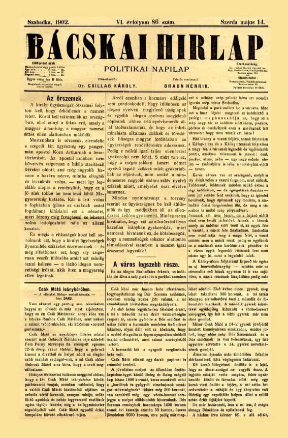 Bácskai Hirlap, 6. évf. 1902. május 14. 86. sz.