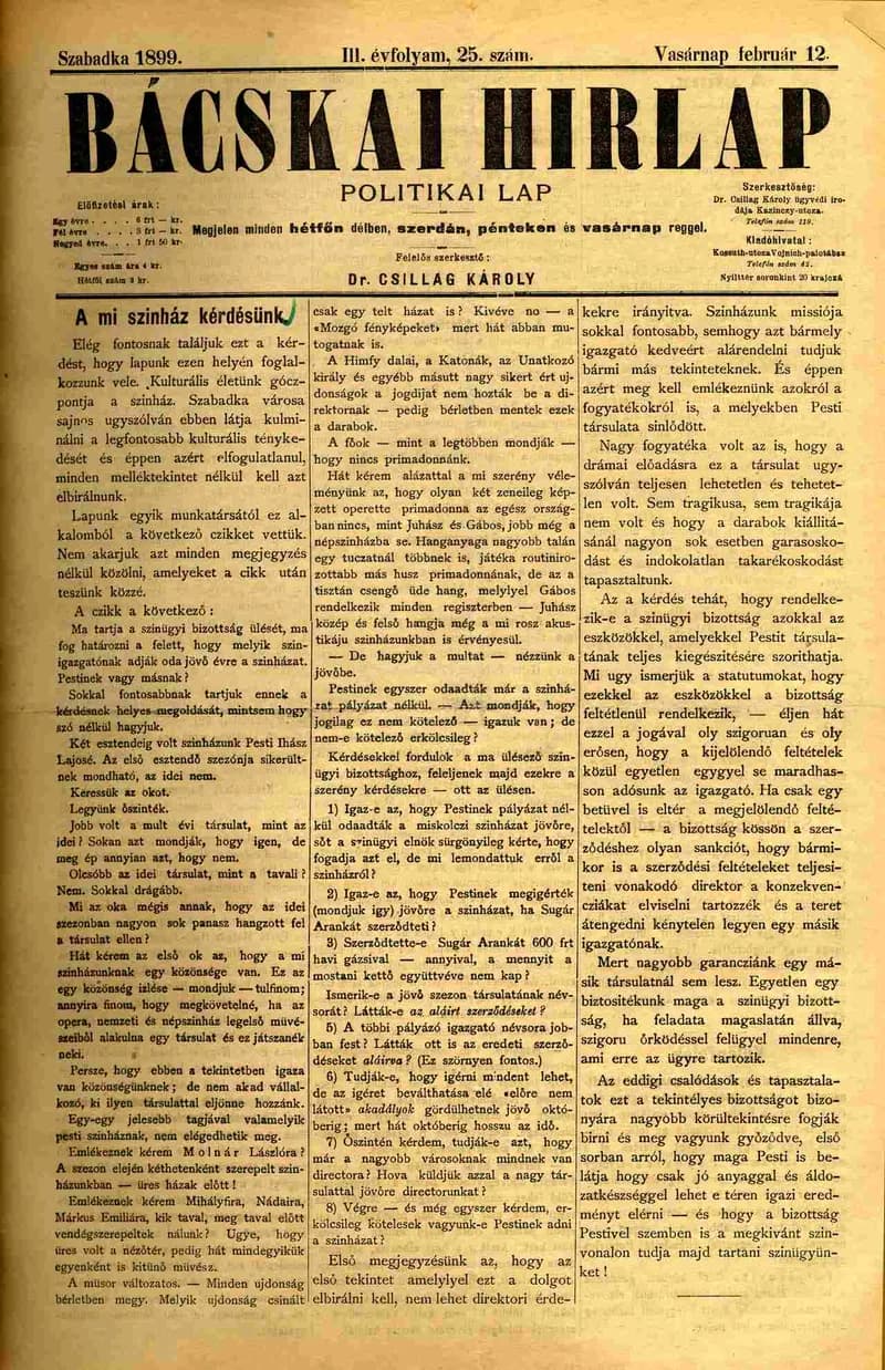 Bácskai Hirlap, 3. évf. 1899. február 12. 25. sz.
