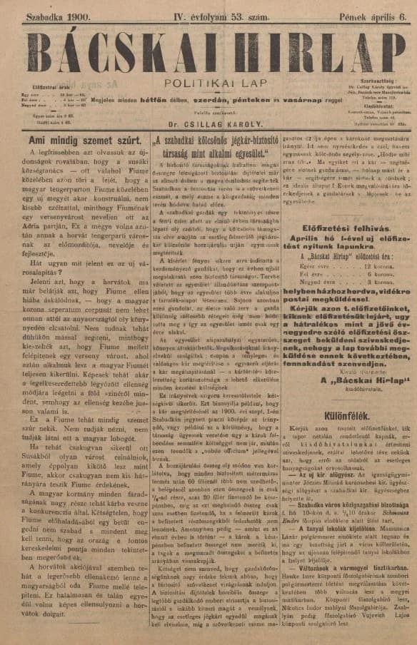 Bácskai Hirlap, 4. évf. 1900. április 6. 53. sz.