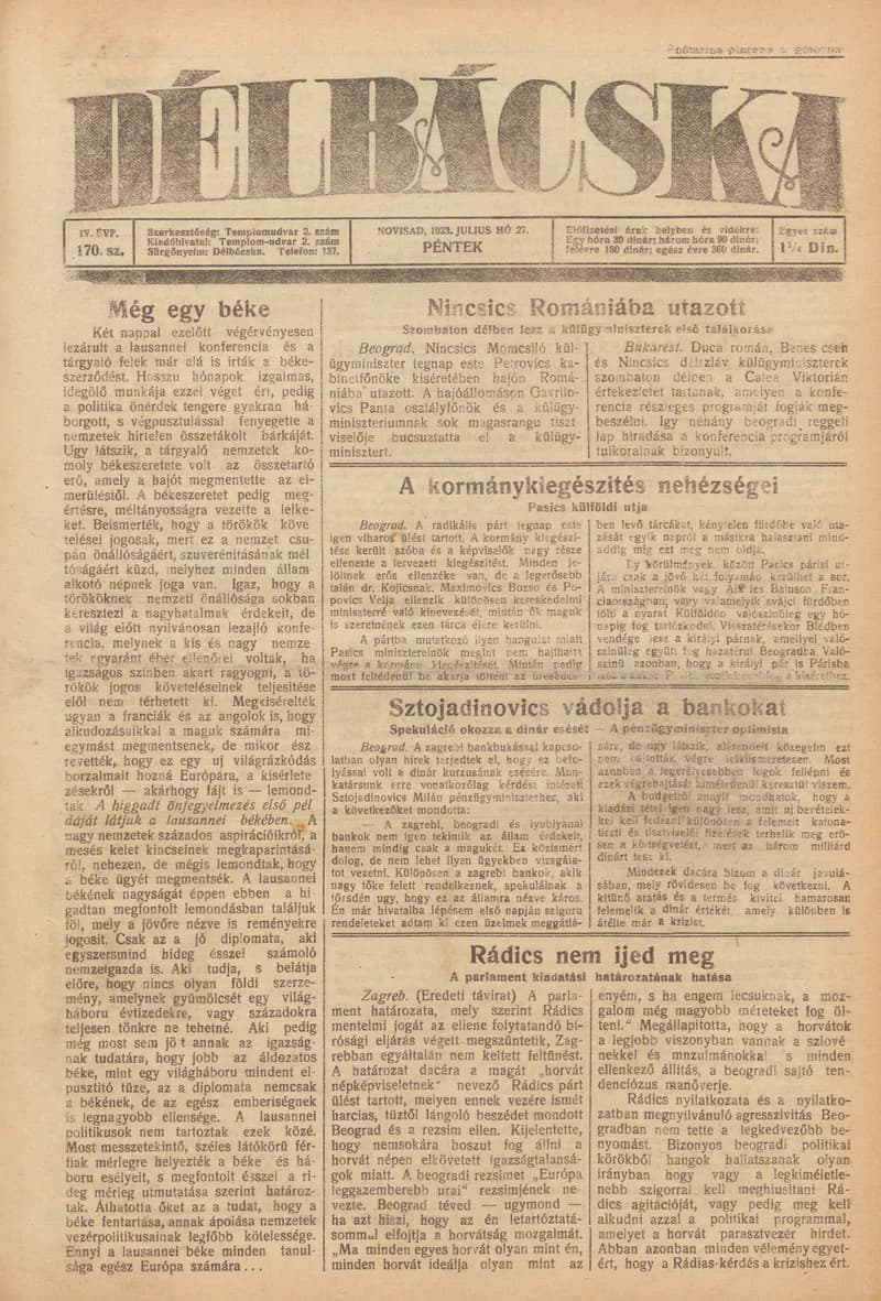 Délbácska, 4. évf. 1923. július 27. 170. sz.