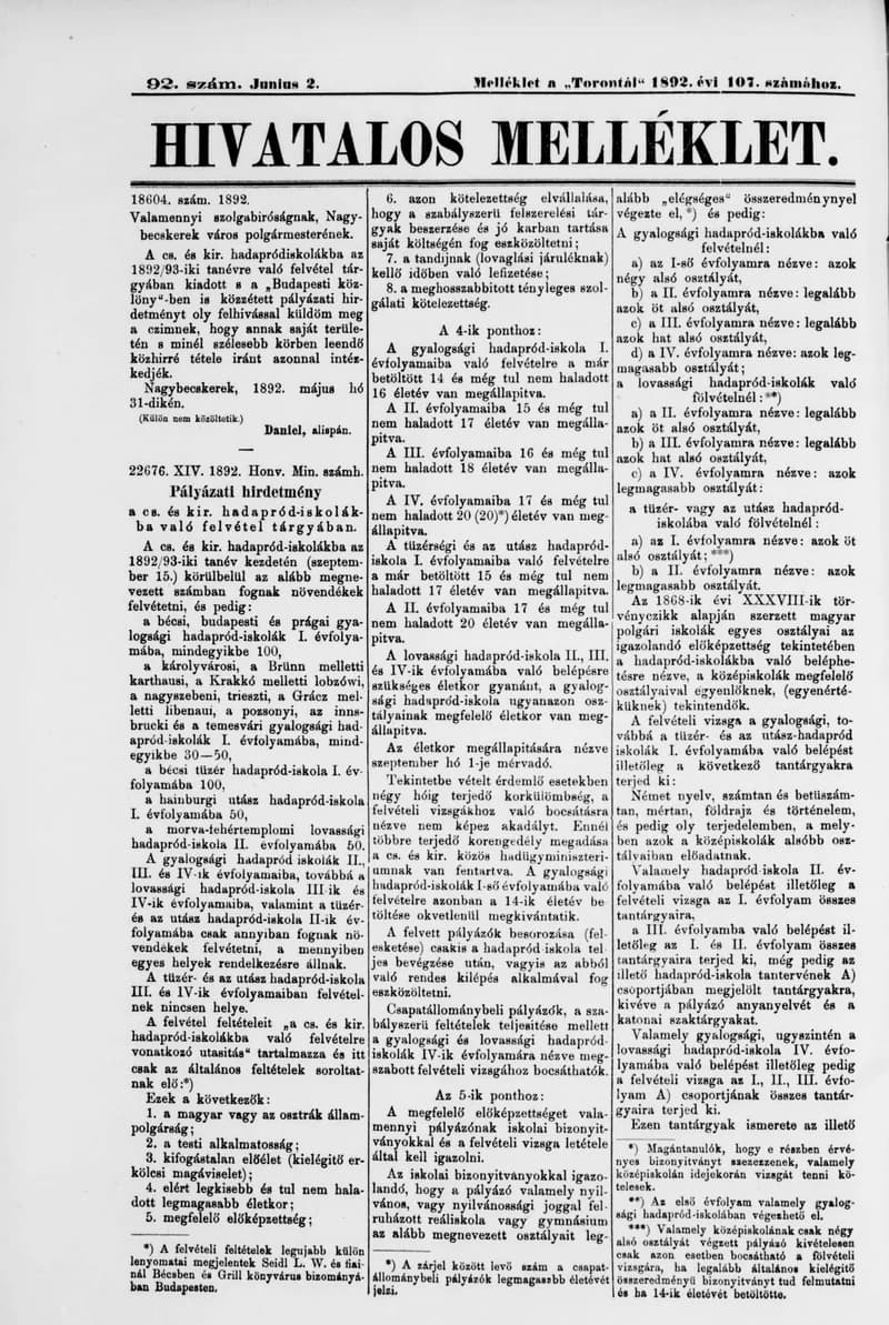 A Totontál  hivatalos melléklete, 5. évf. 1892. június 2. 92. sz.