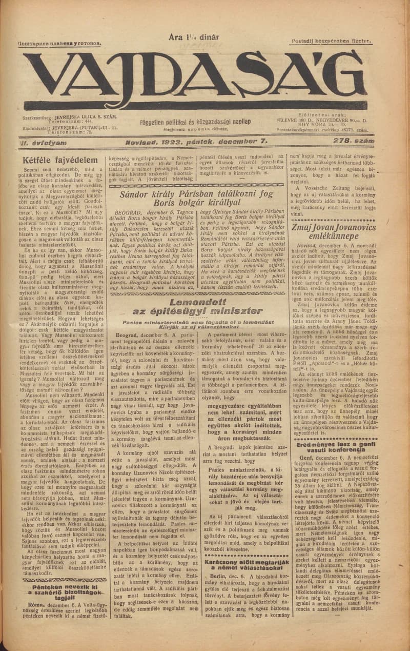 Vajdaság, 3. évf. 1923. december 7. 278. sz.