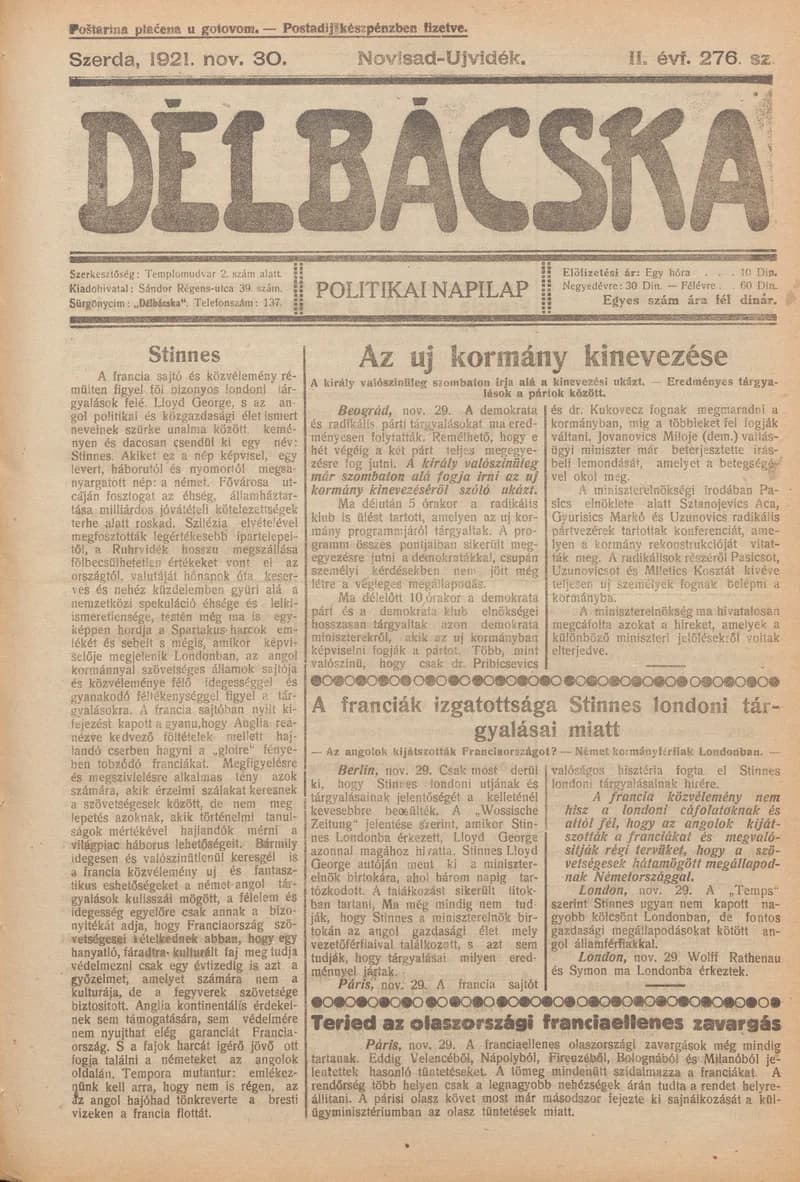 Délbácska, 2. évf. 1921. november 30. 276. sz.