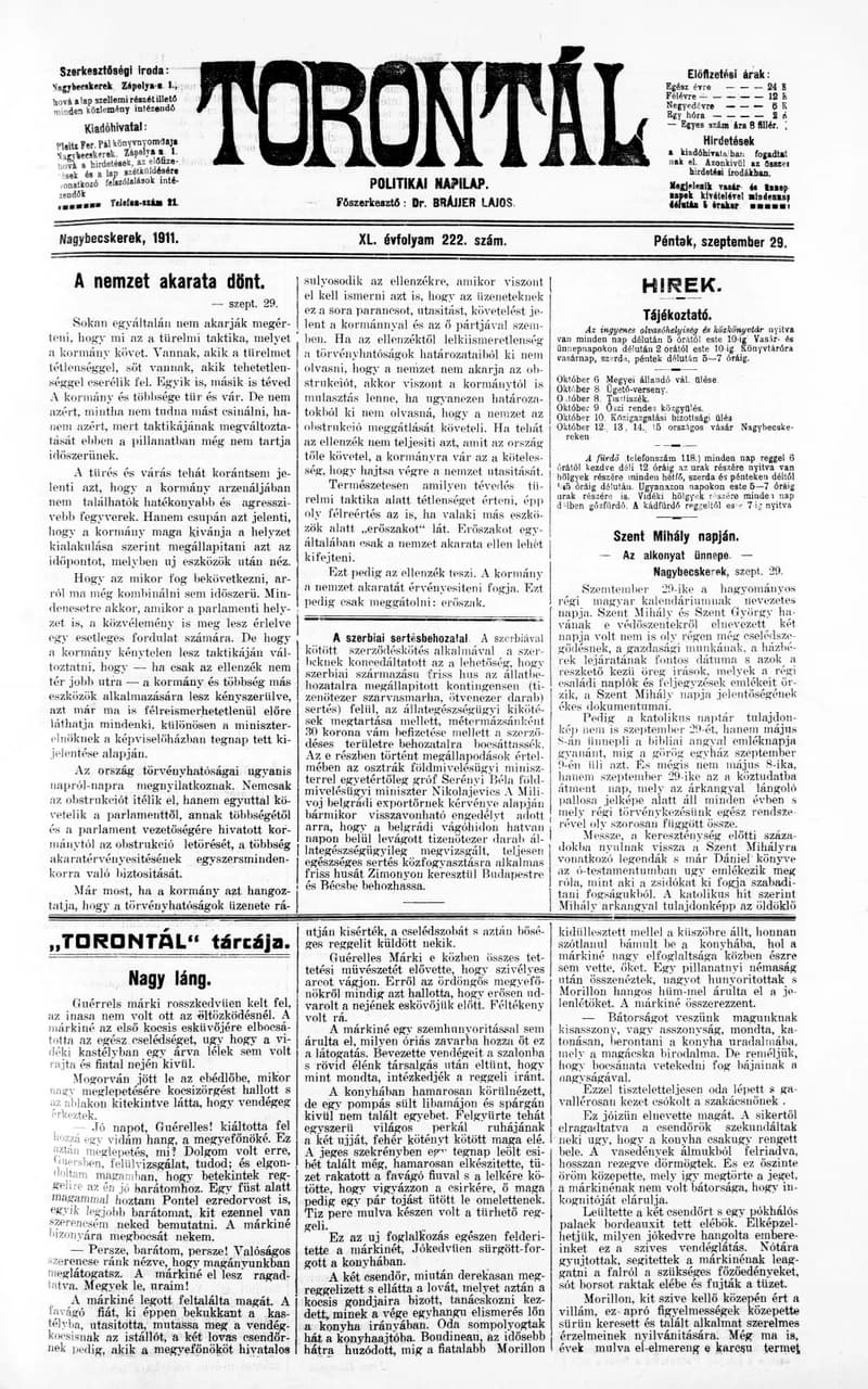 Torontál, 40. évf. 1911. szeptember 29. 222. sz.