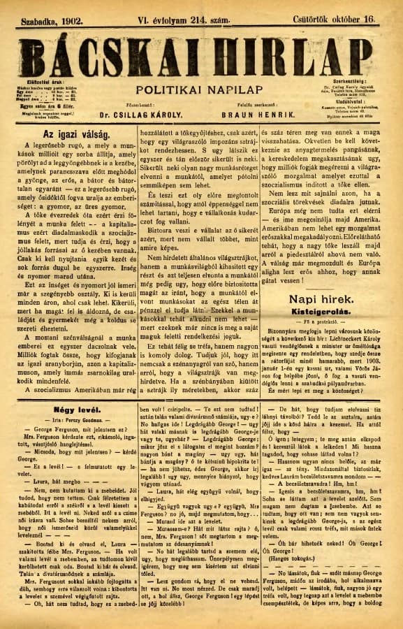 Bácskai Hirlap, 6. évf. 1902. október 16. 214. sz.