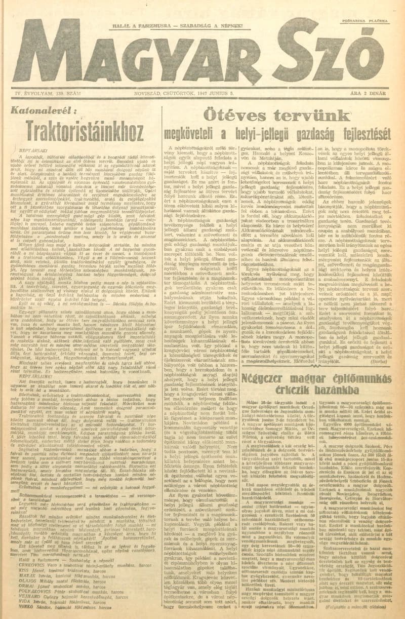 Magyar Szó, 4. évf. 1947. június 5. 139. sz. 1–8. oldal