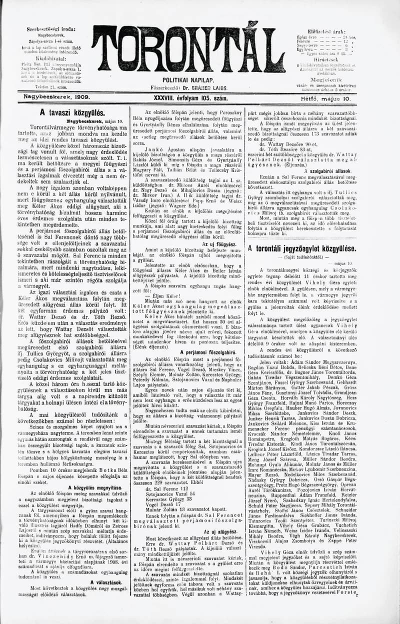 Torontál, 38. évf. 1909. május 10. 105. sz.
