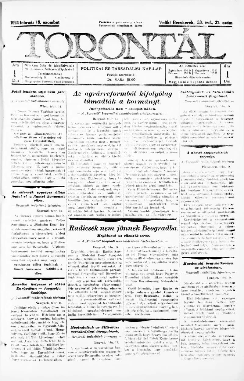 Torontál, 53. évf. 1924. február 16. 37. sz.