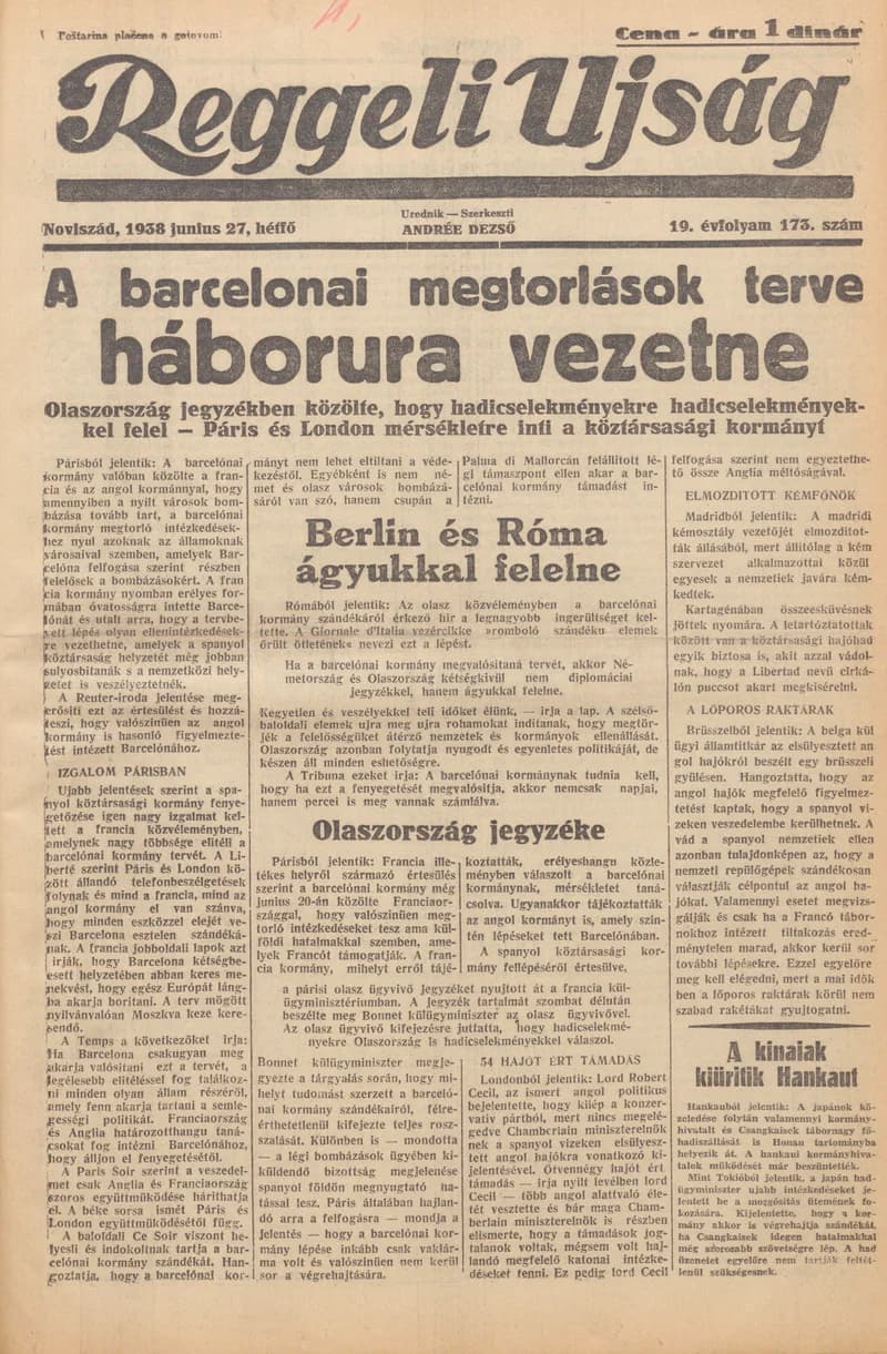 Reggeli Újság, 19. évf. 1938. június 27. 173. sz.
