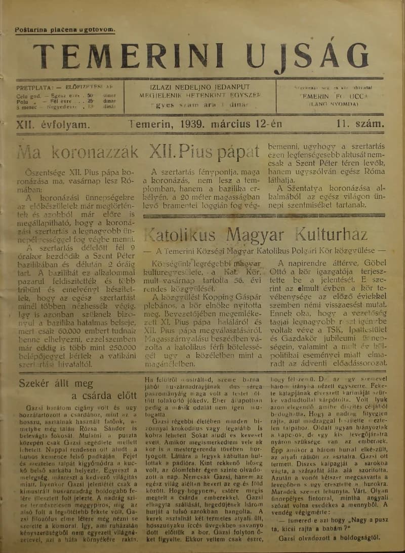 Temerini Újság 1928-1944, 12. évf. 1939. március 12. 11. sz.