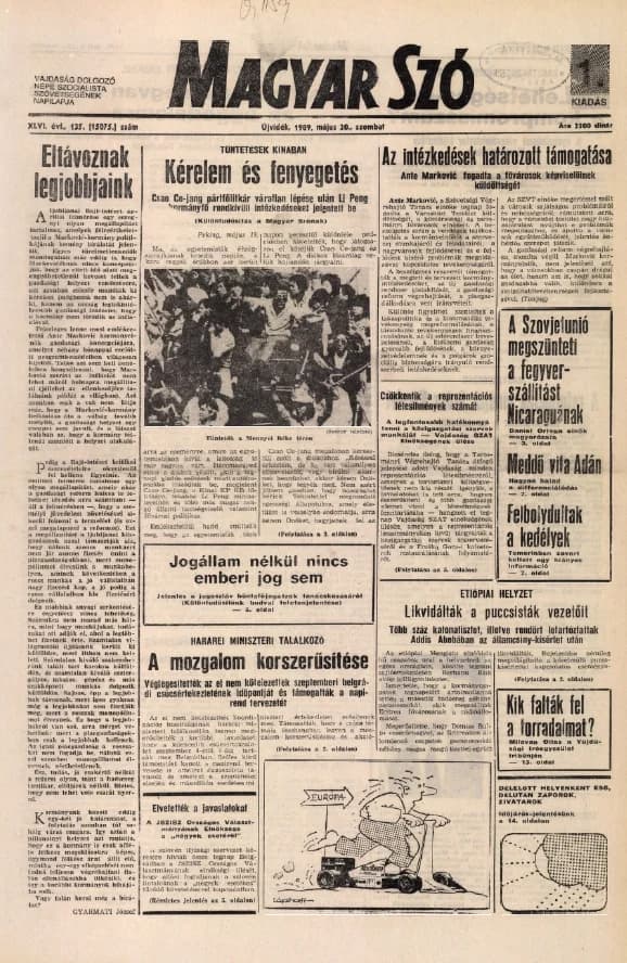 Magyar Szó, 46. évf. 1989. május 20. 135. sz. 1–28. oldal