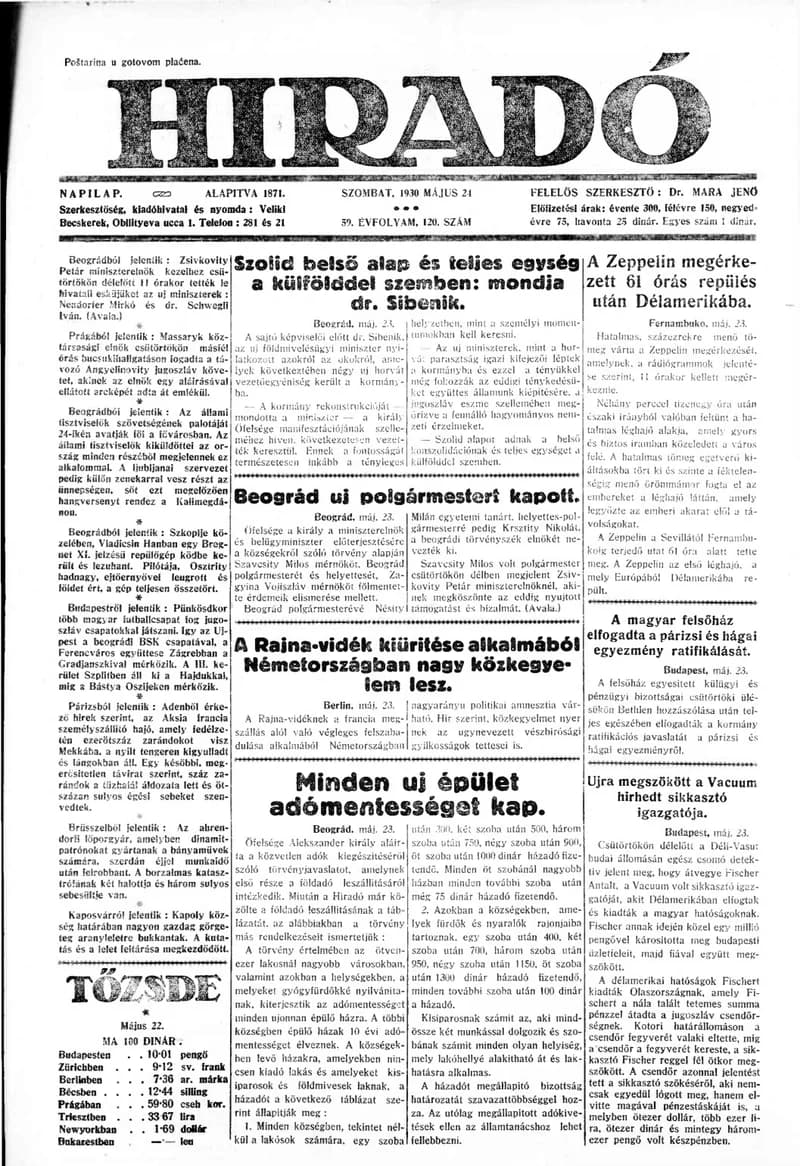 Híradó, 59. évf. 1930. május 24. 120. sz.