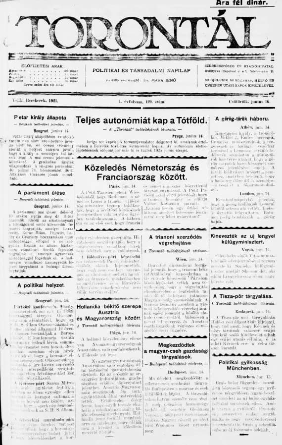 Torontál, 50. évf. 1921. június 16. 129. sz.