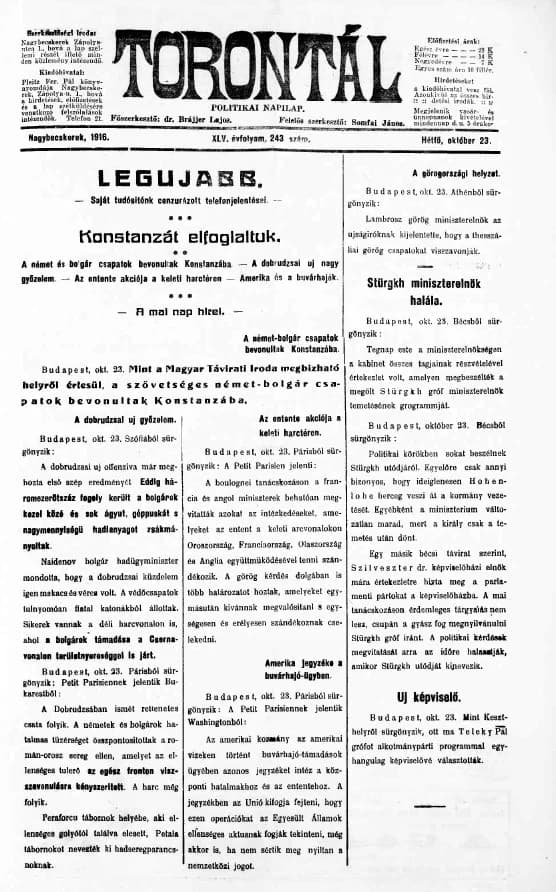 Torontál, 45. évf. 1916. október 23. 243. sz.