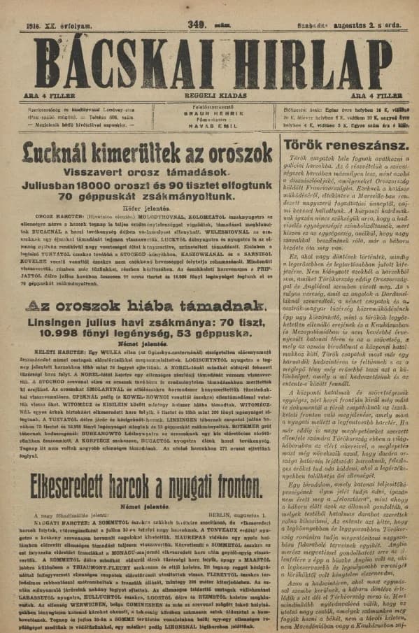 Bácskai Hirlap, 20. évf. 1916. augusztus 2. 349. sz.