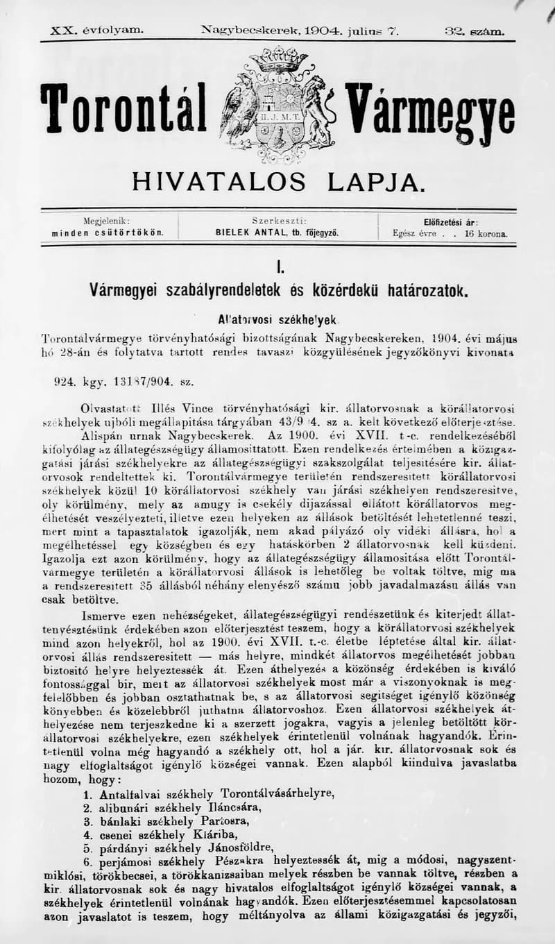 Torontál Vármegye Hivatalos Lapja, 20. évf. 1904. július 7. 32. sz.