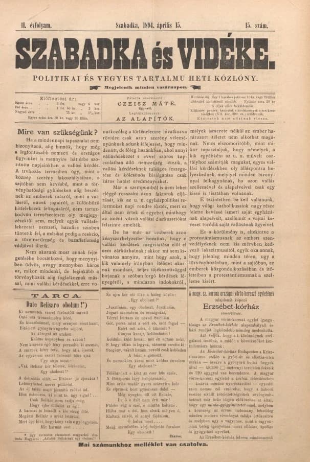 Szabadka és vidéke II, 2. évf. 1894. április 15. 15. sz.