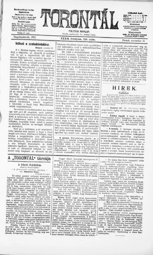 Torontál, 32. évf. 1903. november 13. 259. sz.