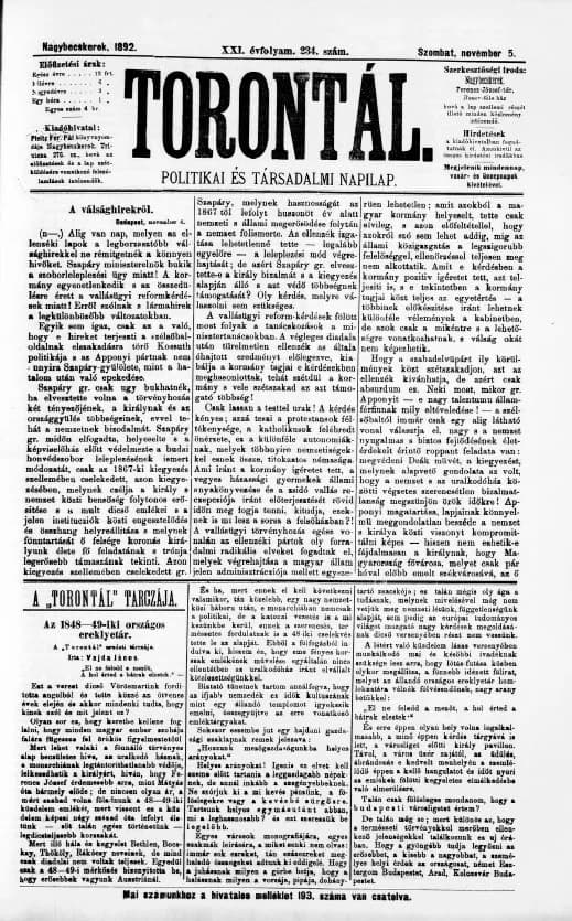 Torontál, 21. évf. 1892. november 5. 234. sz.
