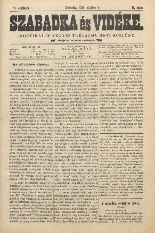 Szabadka és vidéke II, 6. évf. 1898. október 9. 41. sz.