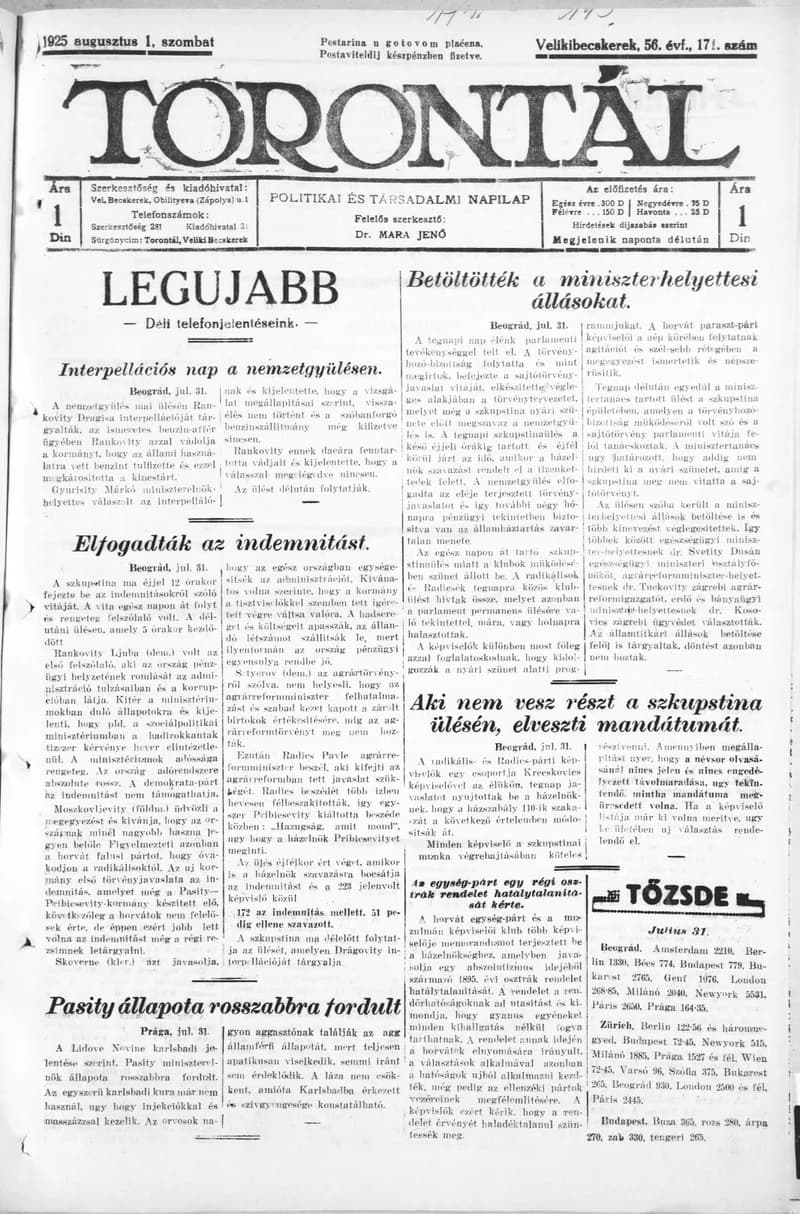Torontál, 54. évf. 1925. augusztus 1. 171. sz.