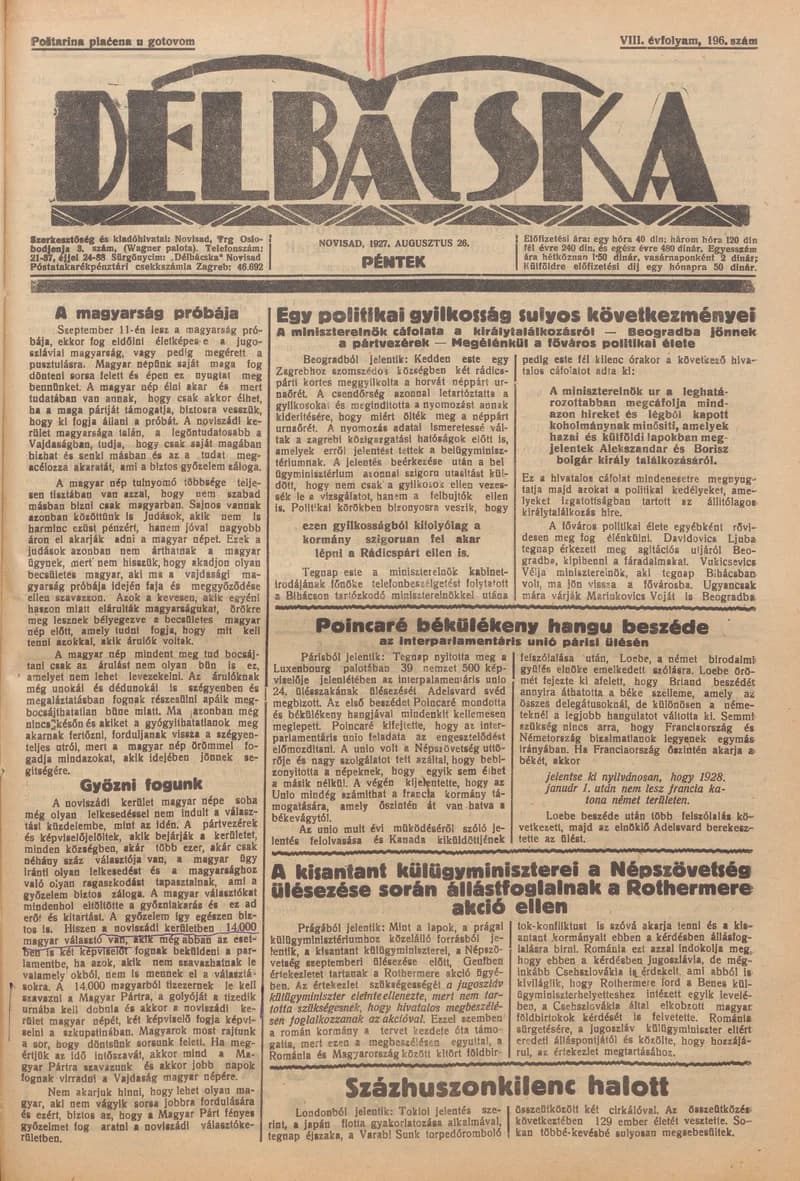 Délbácska, 8. évf. 1927. augusztus 26. 196. sz.