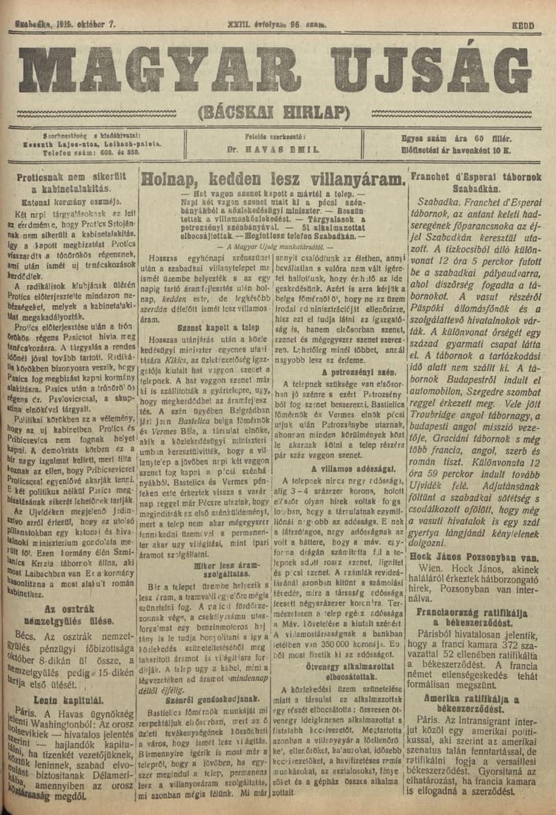 Bácskai Hirlap, 23. évf. 1919. október 7. 96. sz.